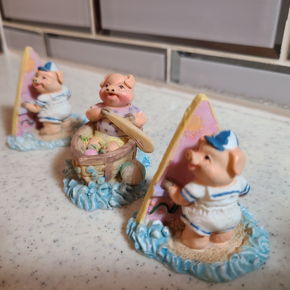 Unique Vintage Nautical Piglet Figurines - Blue and Pink